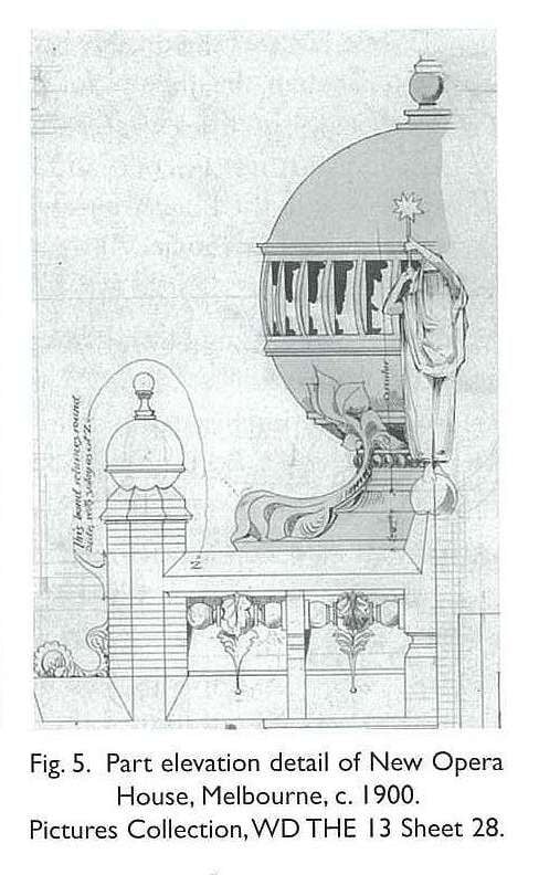 Fig. 5. Part elevation detail of New Opera House, Melbourne, c. 1900. Pictures Collection, WD THE 13 Sheet 28. [architectural drawing]