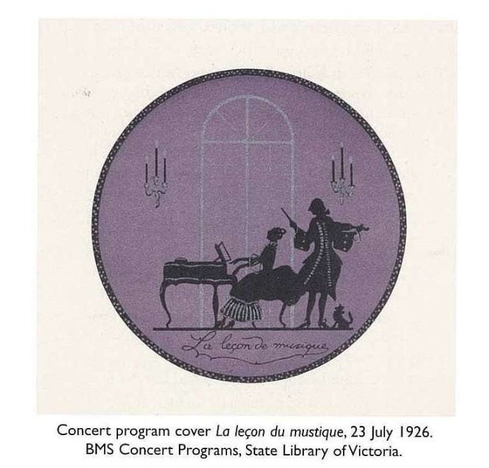 Concert program cover La leçon du mustique, 23 July 1926. BMS Concert Programs, State Library of Victoria. [illustrated program cover]