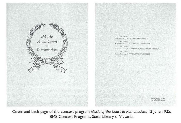 Cover of the concert program Music of the Court to Romanticism, 12 June 1925.BMS Concert Programs, State Library of Victoria. [illustrated program cover]