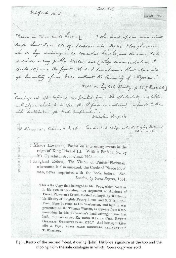 Fig. 1. Recto of the second flyleaf, showing [John] Mitford’s signature at the top and the clipping from the sale catalogue in which Pope’s copy was sold. [catalogue clipping with annotations]