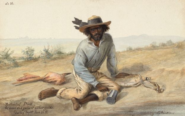 Ludwig Becker (1808-1861) Portrait of Dick: the brave and gallant native guide Watercolour and ink, 14.1 x 22.2 cm Painted at Darling Depot, 21 December 1860, during Burke and Wills Expedition Ludwig Becker Sketchbook, Australian Manuscripts Collections, State Library of Victoria [watercolour painting]