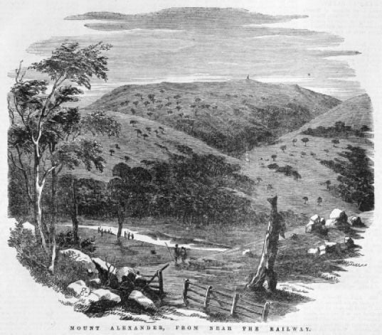 Samuel Calvert, ‘Mount Alexander from near the railway’ Wood engraving, Illustrated Melbourne Post, 27 December 1862 Picture Collection, IMP27/12/62/8 [wood engraving]