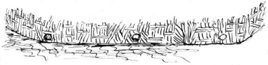 Figure 10 Detail of front of a large stake, branch and basket fishing weir, Moyne River (Robinson journal, 30 April 1841). Courtesy of the Mitchell Collection, State Library of New South Wales. [drawing]