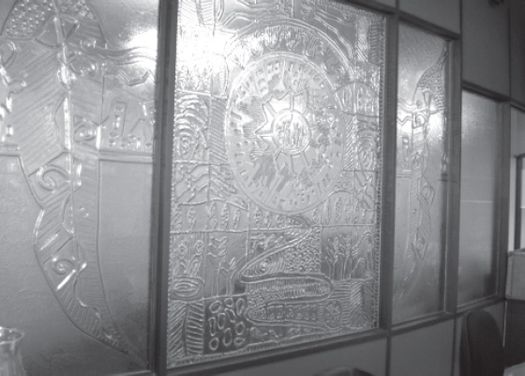Figure 8 Glass panels, Oxfam offices, Carlton, by Treahna Hamm, 2007. Copyright artist.  [interior, glass wall panels]