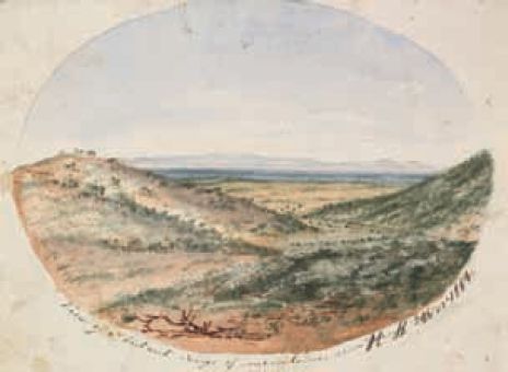 Above: Hermann Beckler, ‘View of a distant range of mountains, seen from Gogirga hills’. Picture Collection, H16486. Beckler painted this watercolour scene of Bilpa in the Scropes Range in November 1860. He visited this place during his first botanical excursion. Wills called this spot ‘The Gap’. [watercolour painting]