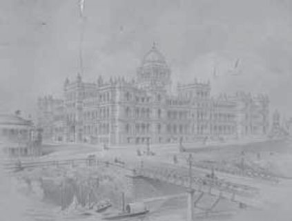 Perspective drawing by J. J. Clark of the Public Offices, Brisbane (later known as the Treasury and now as the Brisbane Casino) with proposed tower, 1883. Picture Collection. [architectural drawing]