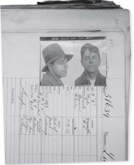 Police mug-shot of Russell Luke, convicted on 1 June 1927 of committing an ‘act of gross indecency’. PRO VPRS 3O: Criminal Trial Briefs, 1927/349. [Document]