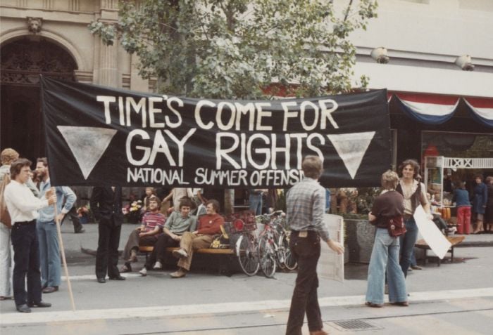 Gay Rights demonstration, Melbourne, c.1980. Photograph by Graham Willett. [Photograph]