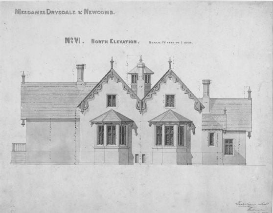 North elevation of ‘Coriyule’, the house built near Drysdale on the Bellarine Peninsula for ‘Mesdames Drysdale & Newcomb’, December 1848-February 1849. Manuscripts Collection, MS 6294, MS6208, H15215. [Plans]