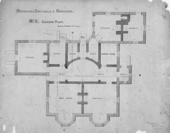 Ground floor plan of ‘Coriyule’, the house built near Drysdale on the Bellarine Peninsula for ‘Mesdames Drysdale & Newcomb’, December 1848-February 1849. Manuscripts Collection, MS 6294, MS6208, H15215. [Floor plan]
