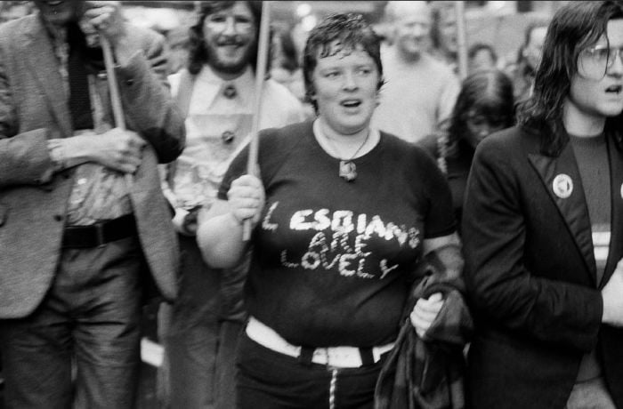 Rennie Ellis at Gay Pride Week, September 1973: protest march through the streets (close up photograph). [Photograph]