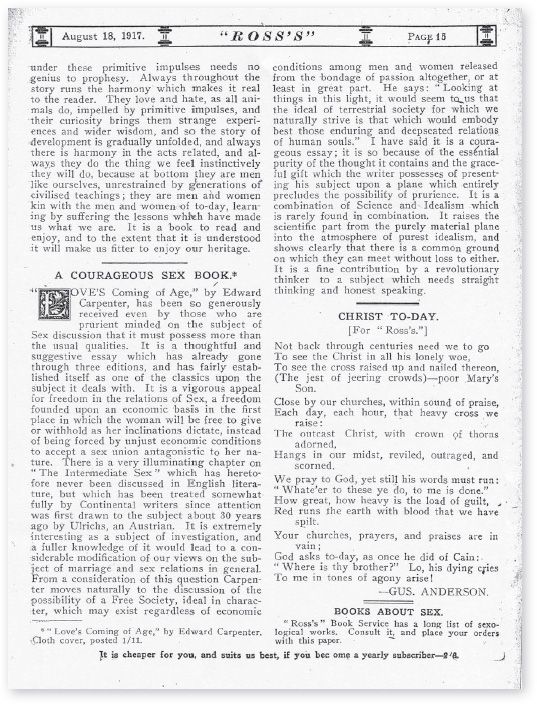 Review of Edward Carpenter’s Love Coming of Age under the title ‘A Courageous Sex Book’ in Ross’s Monthly, 18 August, 1917. The reviewer was Victorian Labor MLA, Tom Tunnecliffe. Note the advertisement for ‘Books About Sex’ at the bottom right. [Review in newspaper]