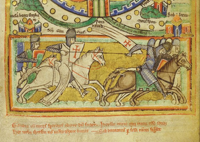 St George pursuing the Saracens at the Siege of Jerusalem. Koninklijke Bibliotheek The Hague MS 76. [Manuscript illustration]