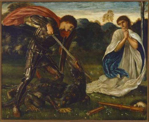 Edward Burne-Jones The fight: St George kills the dragon VI, 1866. Oil on canvas 105.4 x 130.8cm. Gift of Arthur C. Moon in memory of his mother, Emma, born in Sydney 1860, daughter of John de Villiers Lamb 1950. Art Gallery of New South Wales.B1670 [Oil painting on canvas]