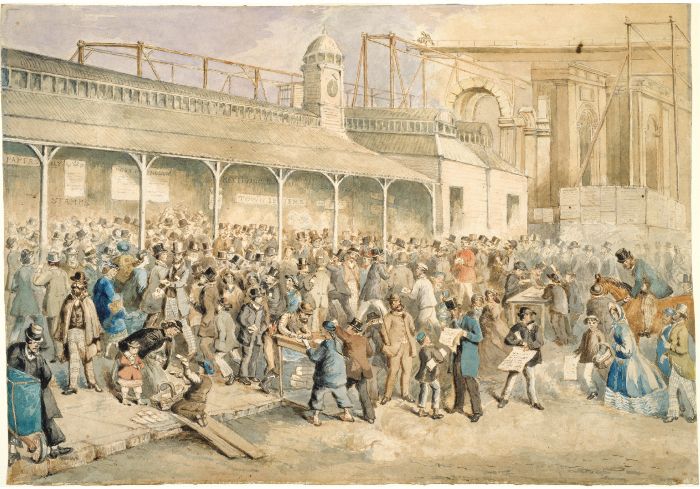 English Mail Day at the Post Office, Melbourne, c.1862. Watercolour painting by Nicholas Chevalier. [Watercolour]
