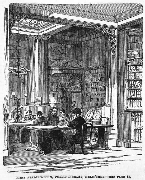 First Reading-Room, Public Library, Melbourne, 1862 Wood engraving by Samuel Calvert, Illustrated Melbourne Post, 30 August 1862. [wood engraving]