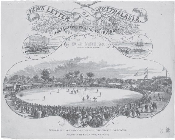 Grand Intercolonial Cricket Match, 1860. Wood engraving by Samuel Calvert, The Newsletter of Australasia, no. 43, p. 1. [Wood engraving]
