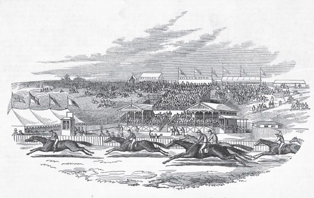 Melbourne races-the grand stand and the “hill”. Wood engraving, Illustrated Melbourne Post, March 1862. [Wood engraving]