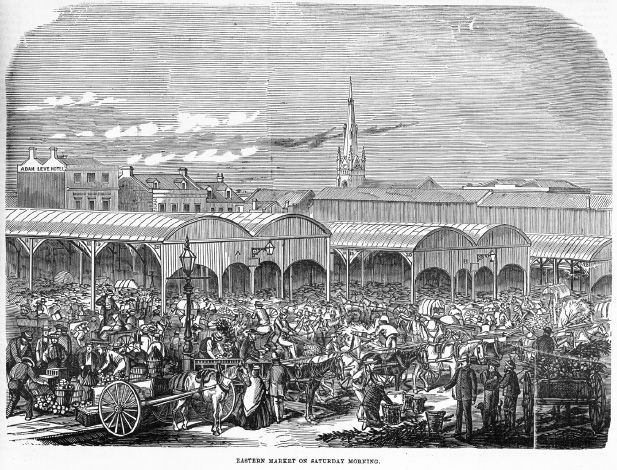Eastern Market on Saturday Morning. Wood engraving, Illustrated Melbourne Post, 2 August 1862. [Wood engraving]