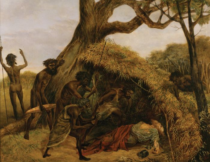 Eugene Montagu Scott (1835-1909), ‘Natives discovering the body of William John Wills, the explorer at Copper’s Creek, June 1861’. Oll on canvas, 1862 or 1864, 85.0 x 110.1 cm. [Oil painting]