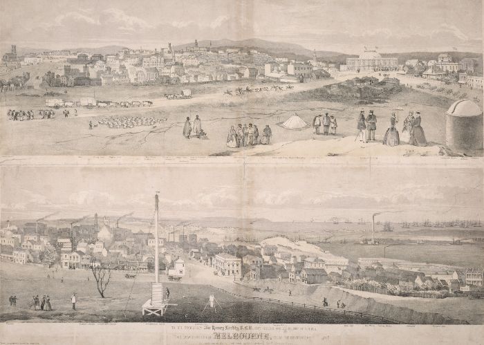 George Rowe’s View of Melbourne from the Observatory 1858. [Watercolour panorama]