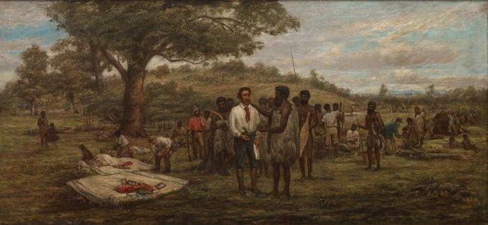 Batman’s Treaty with the Aborigines at Merri Creek, 6th June 1835 Oil on canvas by John Wesley Burtt, c. 1892. [Oil painting]