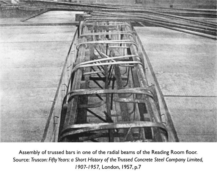 Assembly of trussed bars in one of the radial beams of the Reading Room floor. Source: Truscon: Fifty Years: a Short History of the Trussed Concrete Steel Company Limited, 1907-1957, London, 1957, p.7 [photograph]