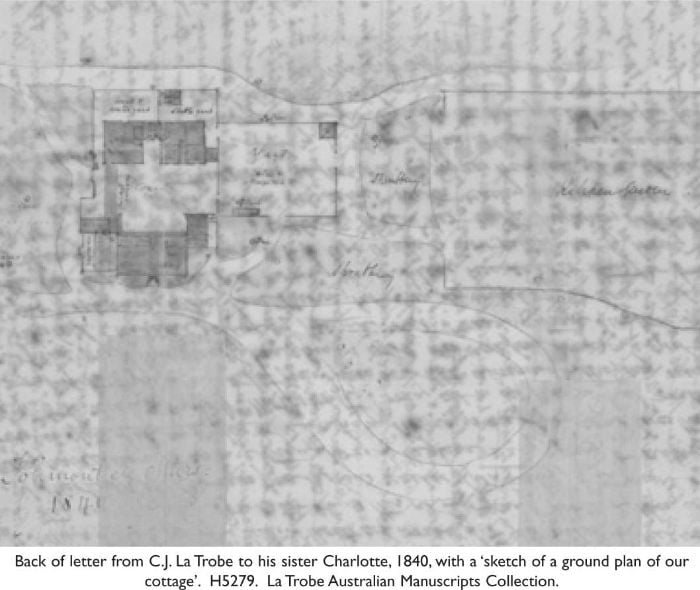 Back of letter from C.J. La Trobe to his sister Charlotte, 1840, with a ‘sketch of a ground plan of our cottage’. H5279. La Trobe Australian Manuscripts Collection. [map drawing]